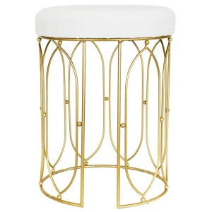 * Arca Glazed Gold Wire Vanity Stool/Padded White Faux Leather Seat Outlet Best Sale
