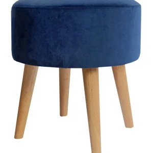 * Emmy Navy Velvet Round Wood Leg Ottoman Less Expensive Clearance