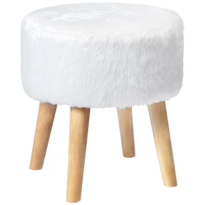 * Emmy White Faux Fur Wood Leg Ottoman Good Quality Best