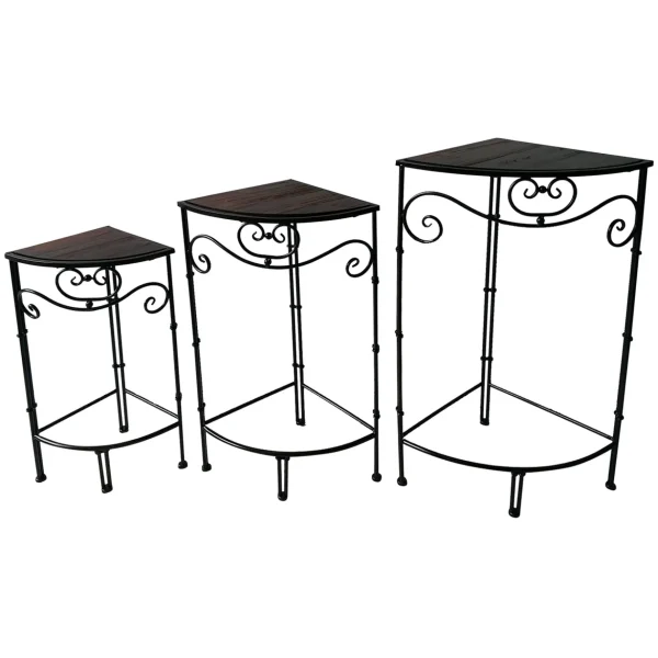 * Fan Shaped Wood Top Plant Stand With Bronze Double Tube Metal Leg, Medium Premium Hot