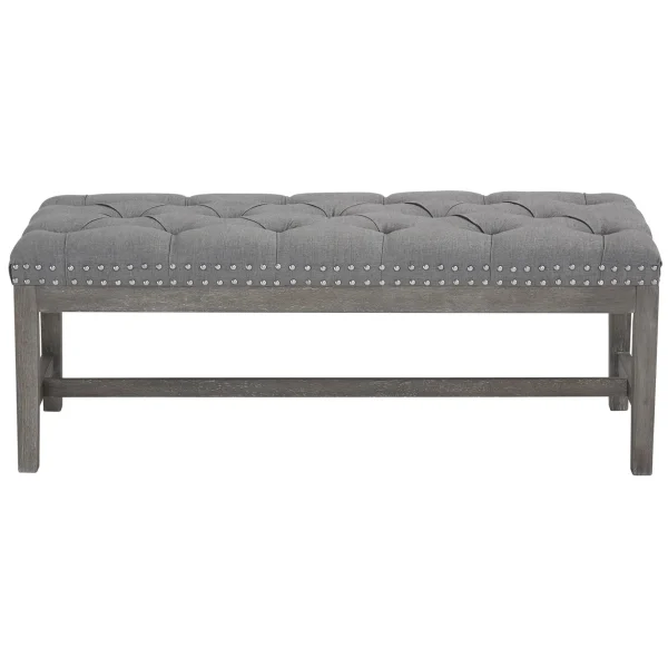 * Ferdinand Tufted Tan Linen Wood Bench With Double Nailhead Opening Sales Fashion