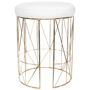 * Keira Glazed Gold Wire Vanity Stool & Padded White Faux Leather Seat Cheaper Online
