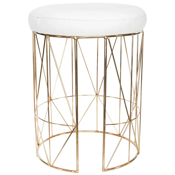 * Keira Glazed Gold Wire Vanity Stool & Padded White Faux Leather Seat Cheaper Online