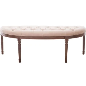 * Lourdes Ivory Linen Tufted Curved Bench W/Distressed Wood Legs Opening Sales Outlet