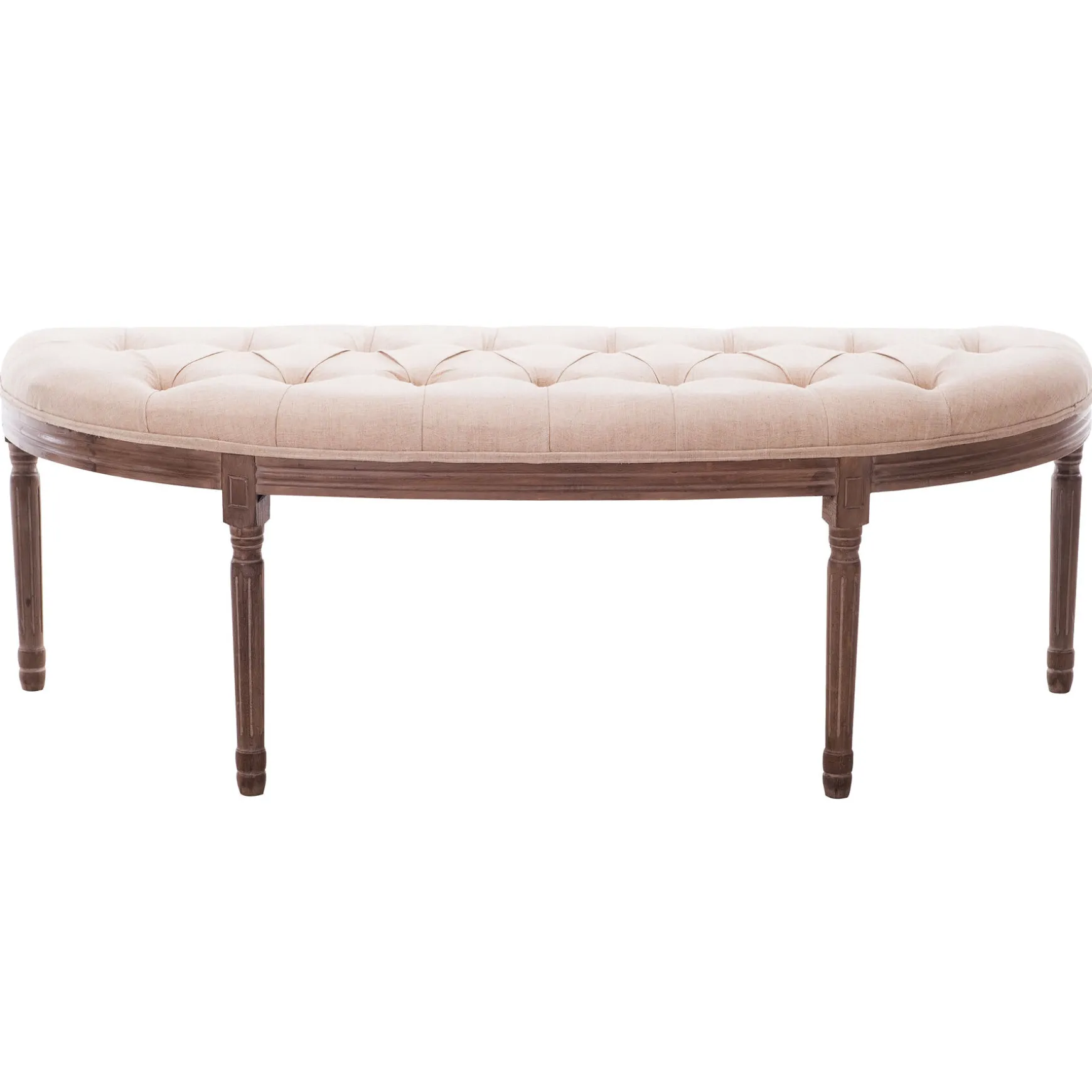 * Lourdes Ivory Linen Tufted Curved Bench W/Distressed Wood Legs Opening Sales Outlet