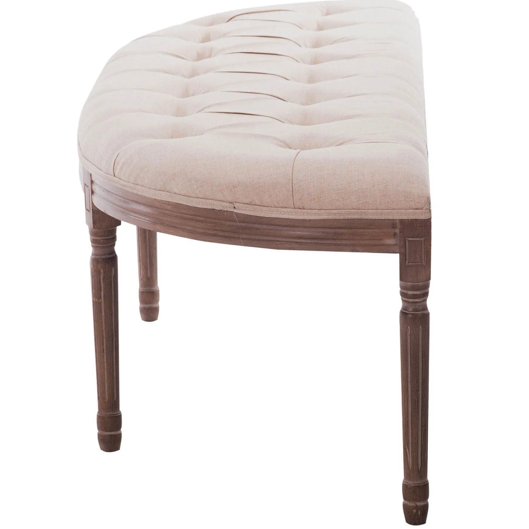 * Lourdes Ivory Linen Tufted Curved Bench W/Distressed Wood Legs Opening Sales Outlet