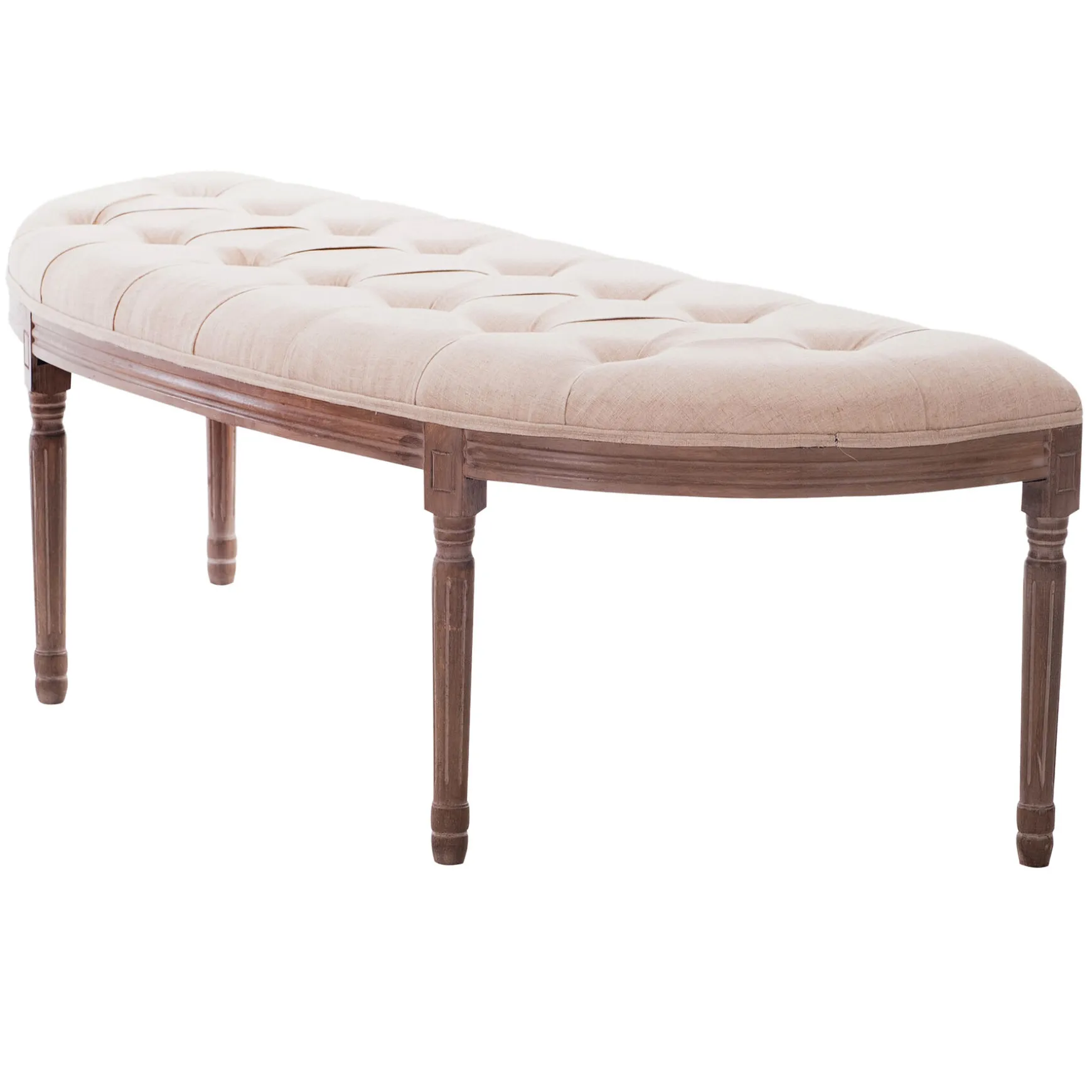 * Lourdes Ivory Linen Tufted Curved Bench W/Distressed Wood Legs Opening Sales Outlet