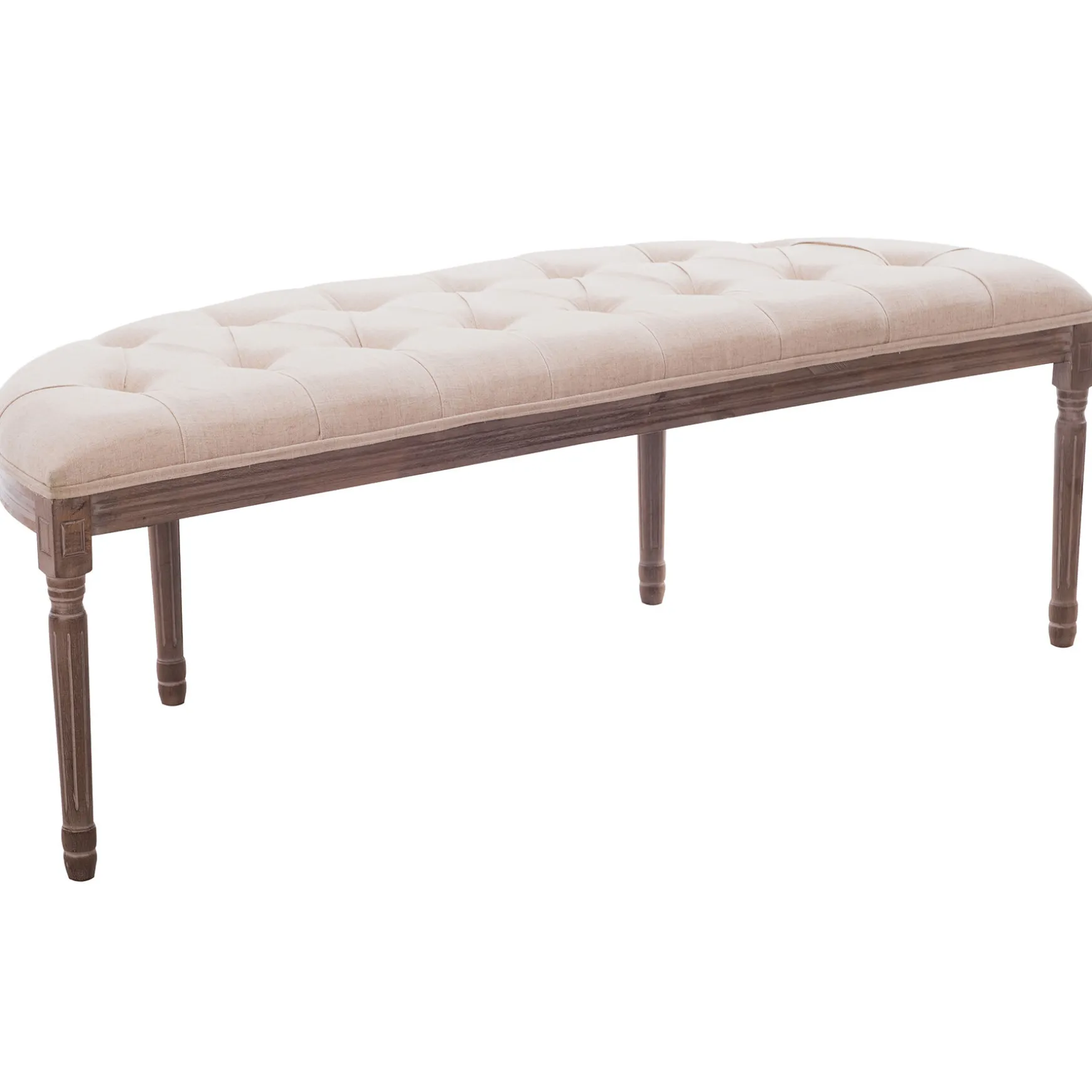 * Lourdes Ivory Linen Tufted Curved Bench W/Distressed Wood Legs Opening Sales Outlet