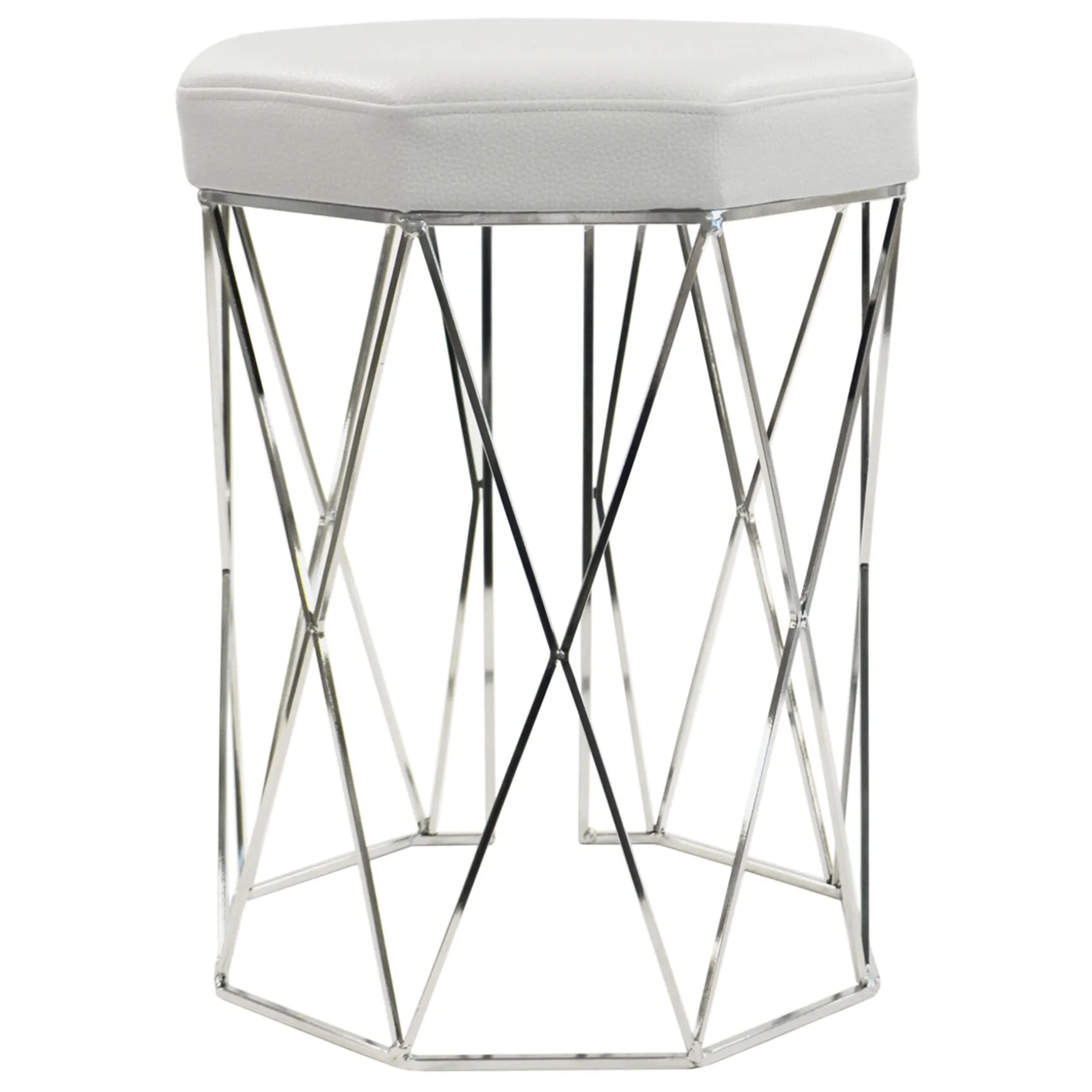* Prisma Chrome Wire Vanity Stool/Padded White Faux Leather Seat Featured Shop