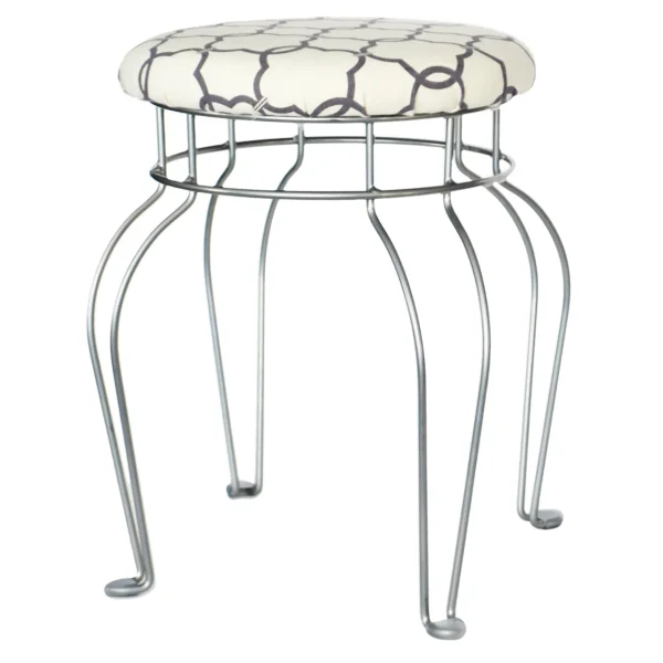 * Quatrefoil Silver Wire Vanity Stool/Ivory Printed Fabric Seat Opening Sales Fashion