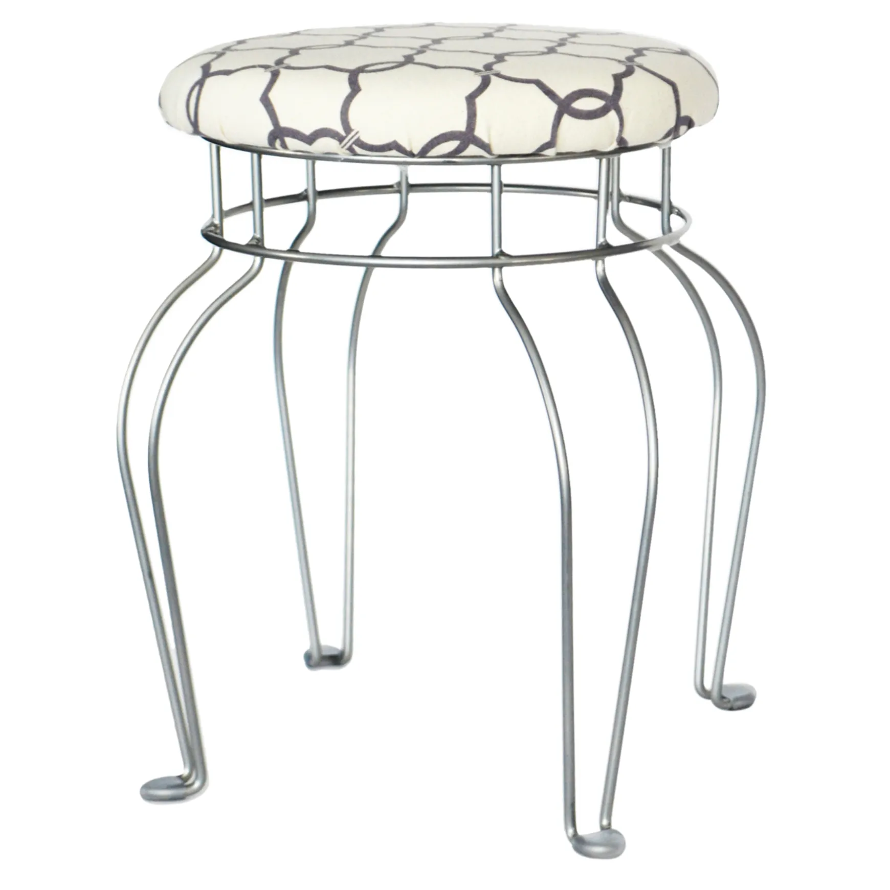 * Quatrefoil Silver Wire Vanity Stool/Ivory Printed Fabric Seat Opening Sales Fashion