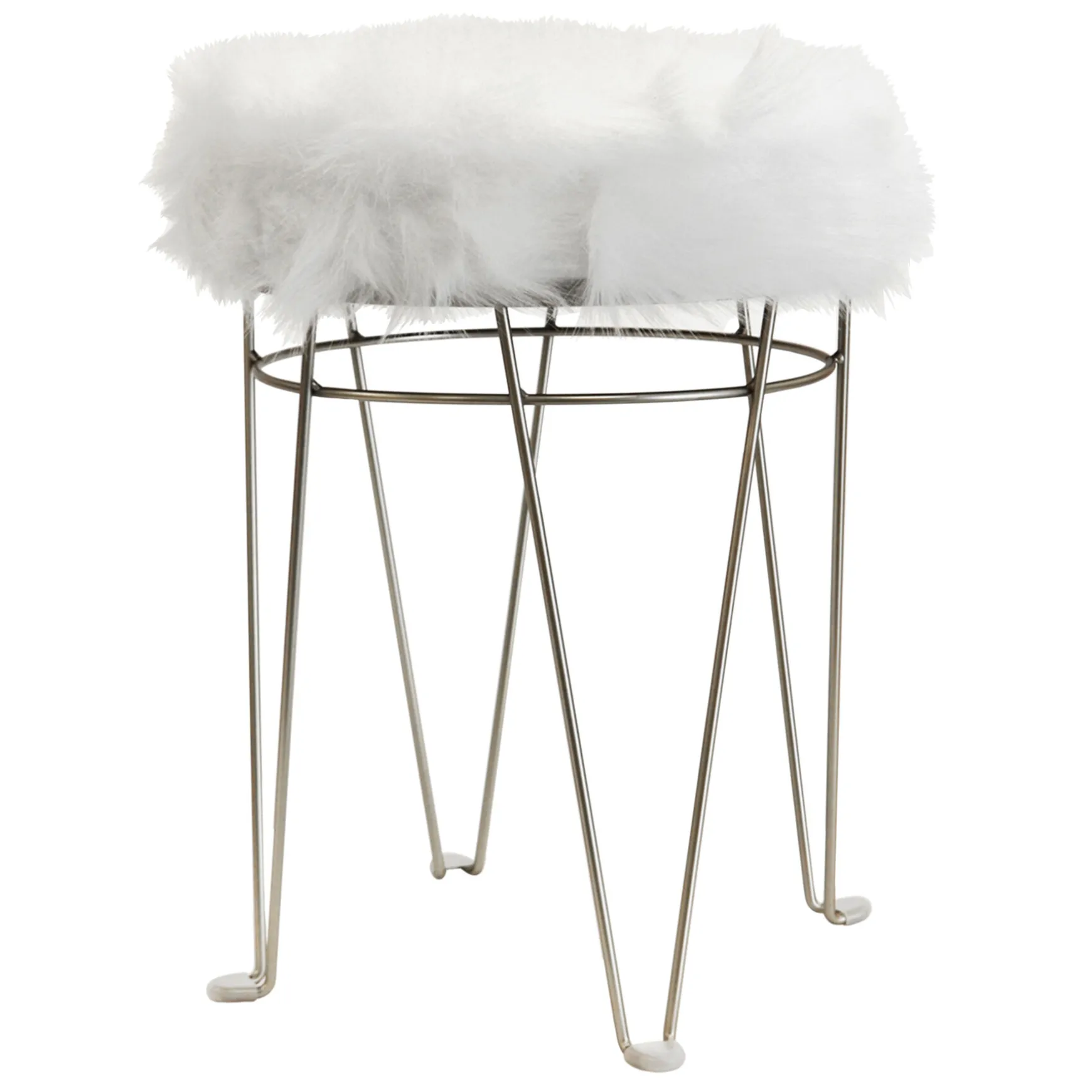 * Rion Chrome Wire Vanity Stool/Padded White Faux Fur Seat Opening Sales Discount