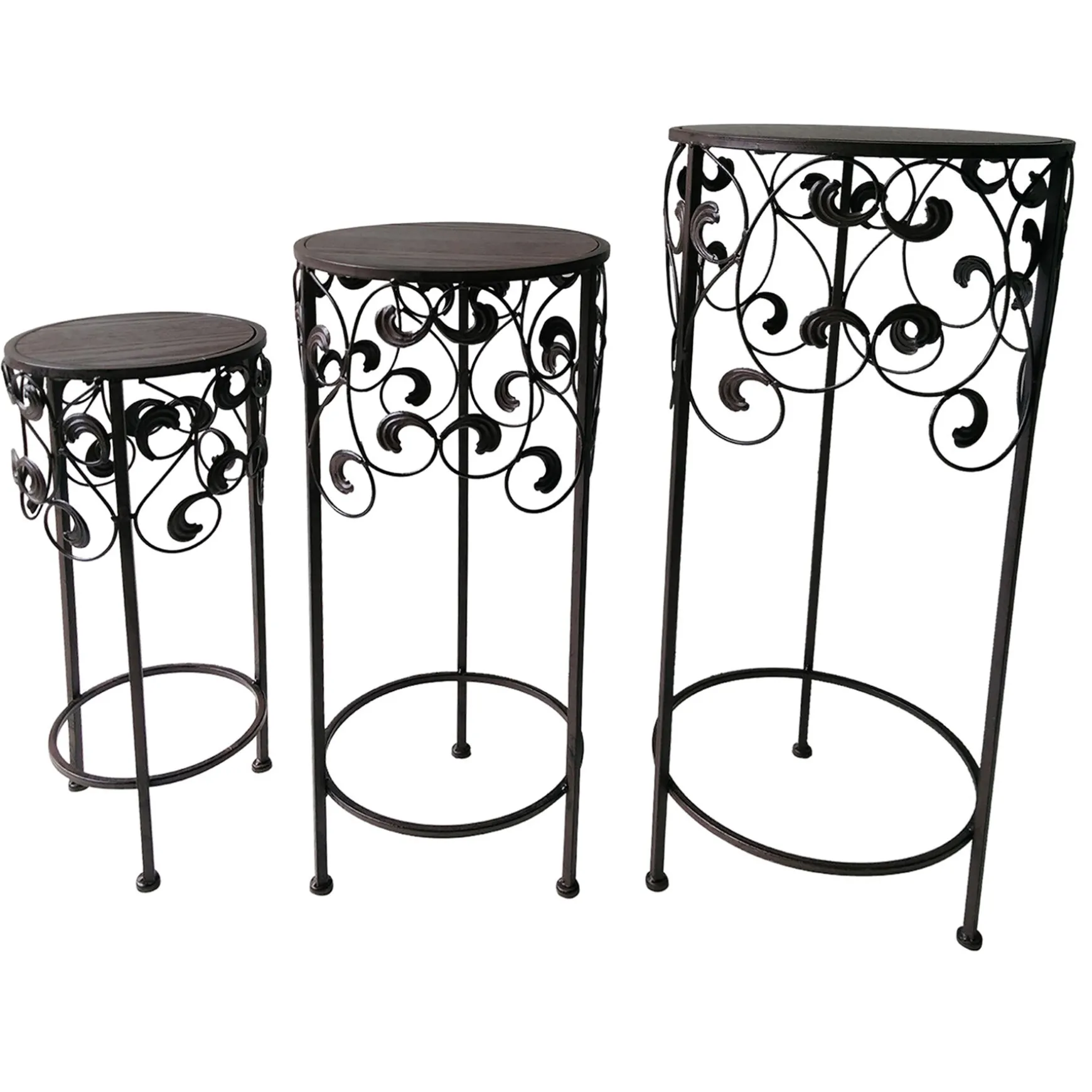 * Round Wood Top With Scroll Metal Plant Stand, Small Opening Sales New