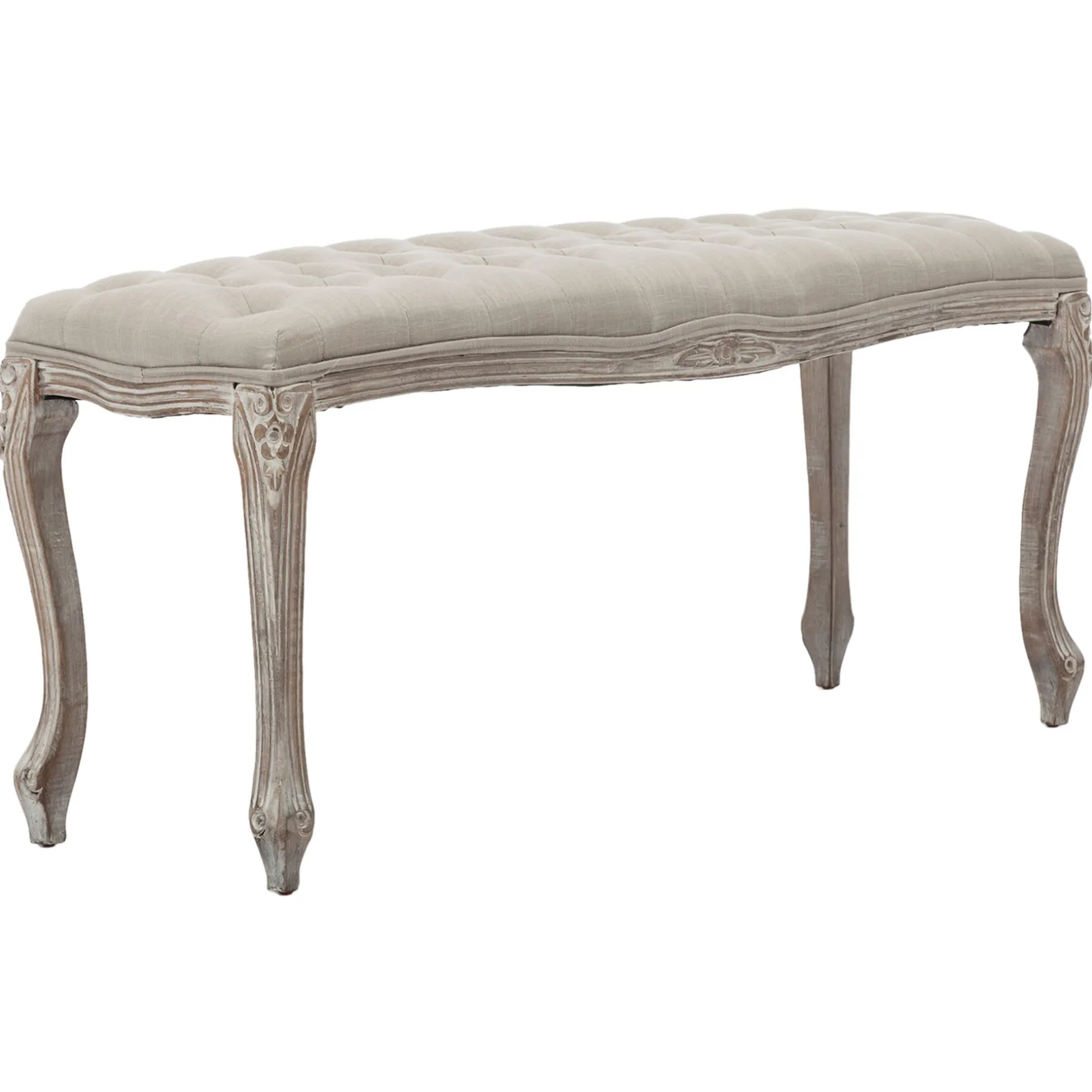 * Simone Grey Linen Tufted Bench With Carved Reclaimed Wood Legs Outlet Best Sale