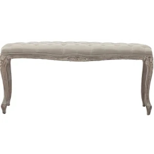 * Simone Grey Linen Tufted Bench With Carved Reclaimed Wood Legs Outlet Best Sale