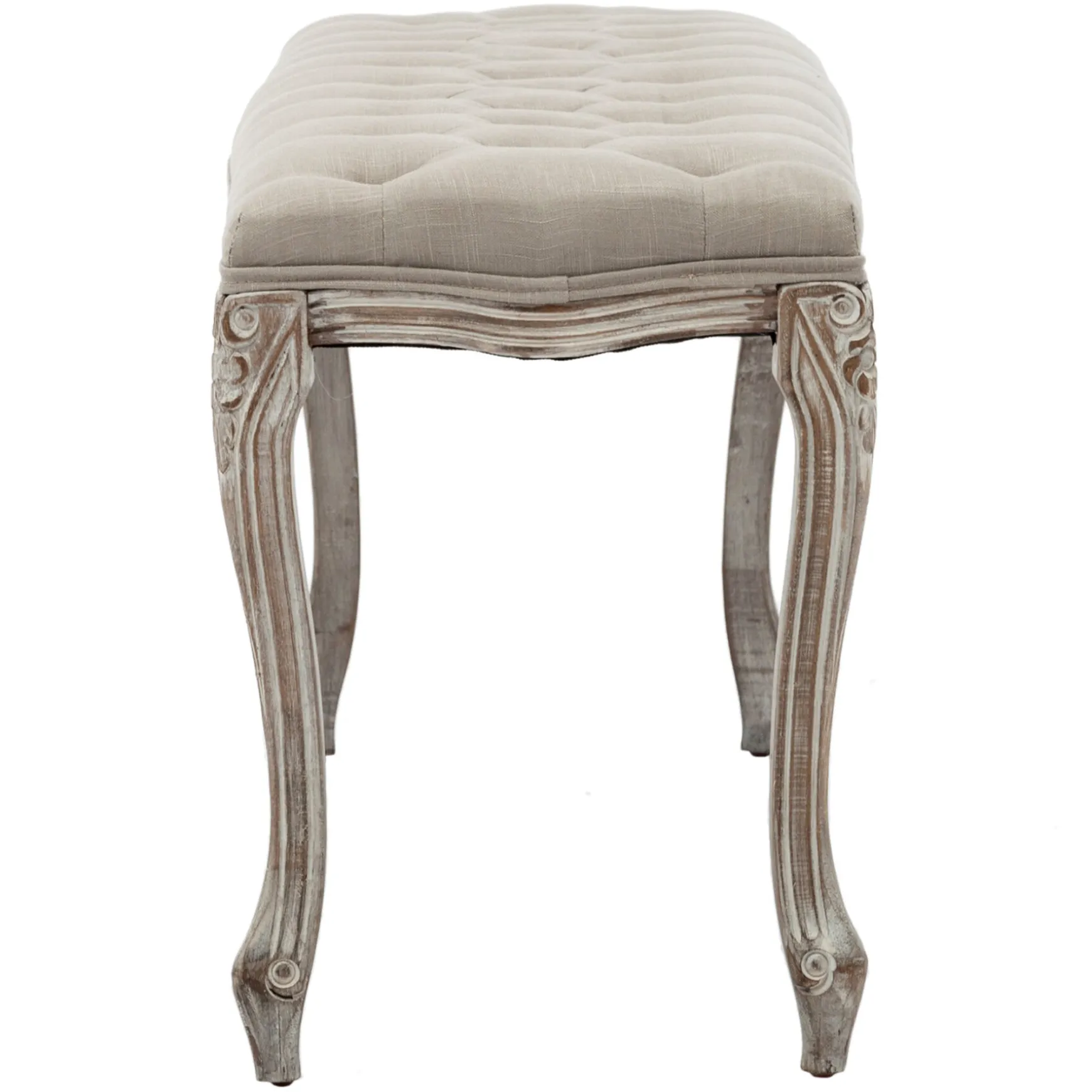 * Simone Grey Linen Tufted Bench With Carved Reclaimed Wood Legs Outlet Best Sale